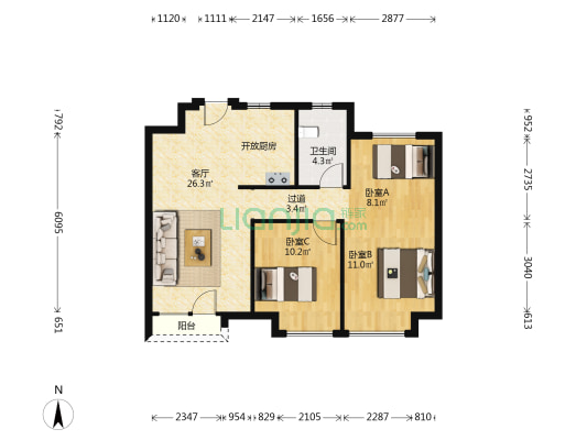 龙湖悠山郡 3室1厅1卫 96平方