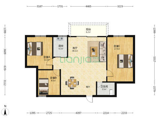 祥美花园 3室1厅1卫 124平方