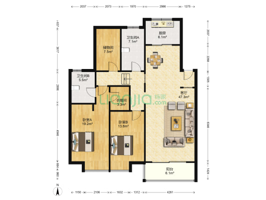 恒盛锦园 2室1厅2卫 142平方