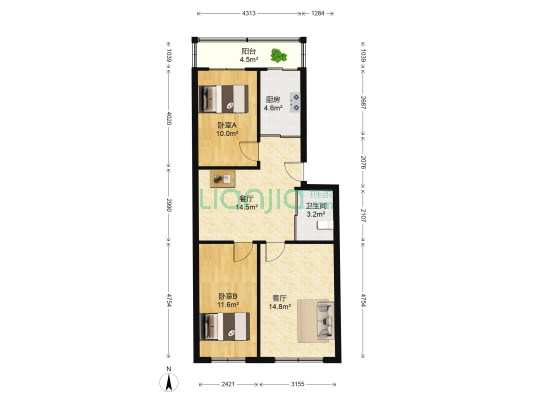 新华路小区 2室2厅1卫 80平方