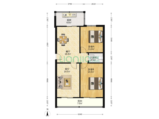 六谷庄2号院 2室2厅1卫 82平方