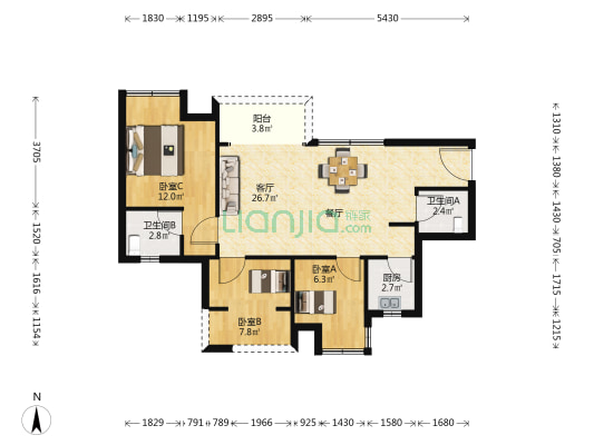万景进园汇 3室1厅2卫 84平方