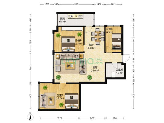 龙跃大厦 3室2厅1卫 112平方