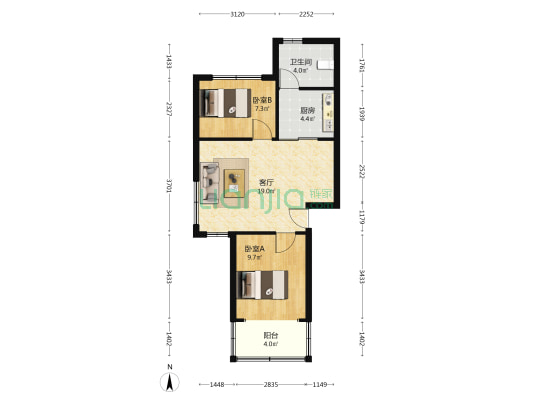 长康家园 2室1厅1卫 56平方