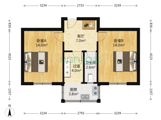 外贸街纺织品宿舍 2室1厅1卫 56平方