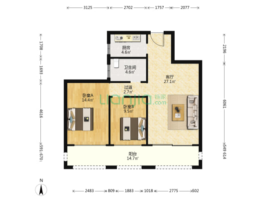 海怡城 2室1厅1卫 87平方