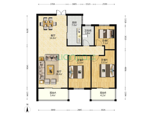 中瑞家天下 3室2厅1卫 116平方