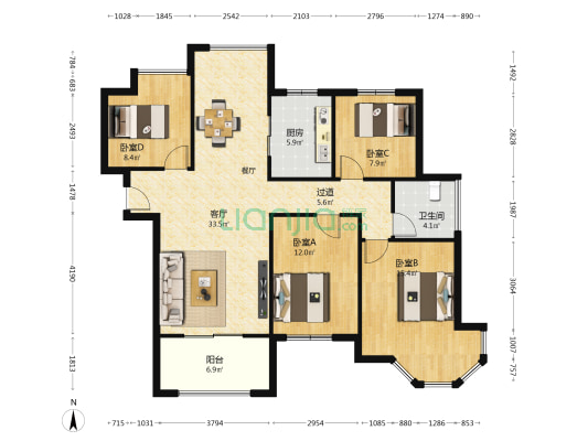 中南世纪城康城三期 4室1厅1卫 119平方