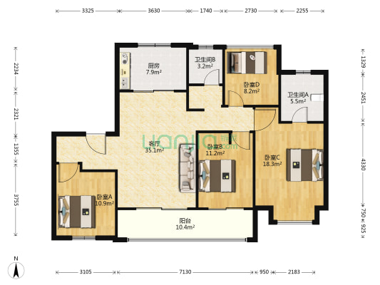 万科四季风景花园 4室1厅2卫 125平方