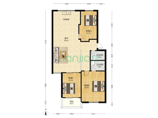 侨隆花园D区 3室1厅2卫 129平方