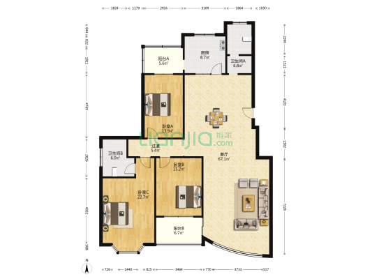 澳丽名苑 3室1厅2卫 189平方