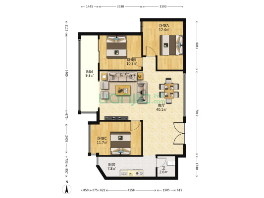 建安新商汇 3室1厅1卫 127平方