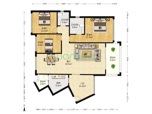 龙光普罗旺斯香槟 3室1厅2卫 136平方