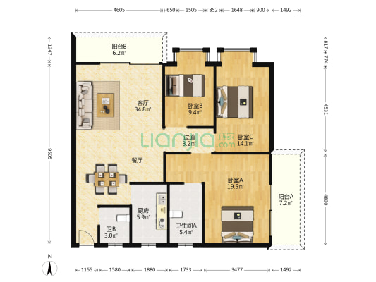 风和日丽公馆 3室1厅2卫 121平方