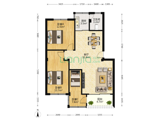 竹冠花园 3室1厅1卫 92平方