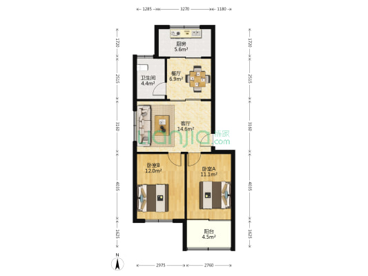 王贺庄邮电家属楼 2室2厅1卫 61平方