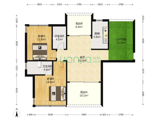 宇丰名苑 2室1厅2卫 110平方