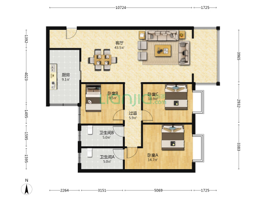 通达巷79号 3室1厅2卫 124平方