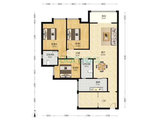 左岸春天 3室1厅2卫 115平方