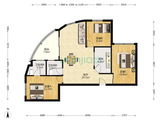 天鹅大厦 3室1厅2卫 177平方