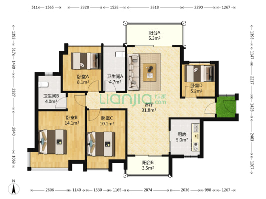 中国铁建国际花园 4室1厅2卫 112平方
