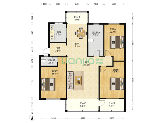 人民公寓 3室2厅2卫 143平方