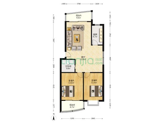 美林花园 2室1厅1卫 90平方