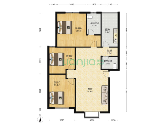新城花园(华逸路) 3室1厅2卫 117平方