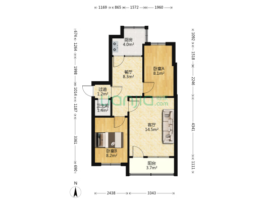 龙祥玉岱小区 2室2厅1卫 62平方