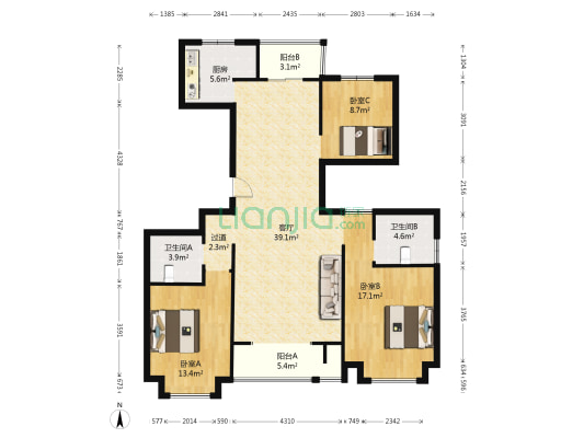 中央华府 3室1厅2卫 140平方