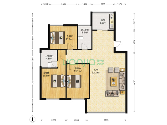 阳光花园南区 3室1厅2卫 280平方