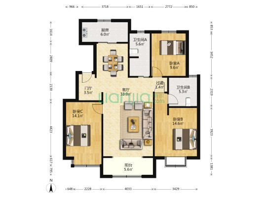 中新锦绣天地北苑 3室1厅2卫 130平方