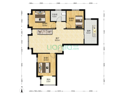 鸿坤理想湾南北通透三居，视野采光好。-户型图