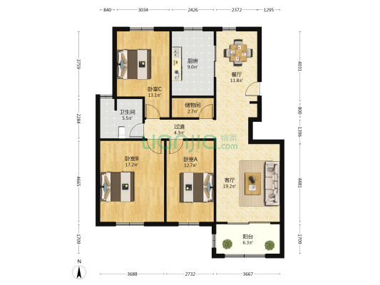 奥体紫兰园 3室2厅1卫 132平方