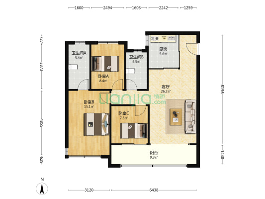 都会紫京 3室1厅2卫 107平方