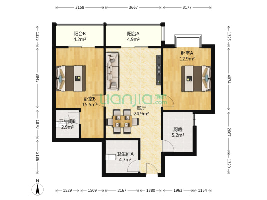 中房·城中雅苑 2室1厅2卫 98平方