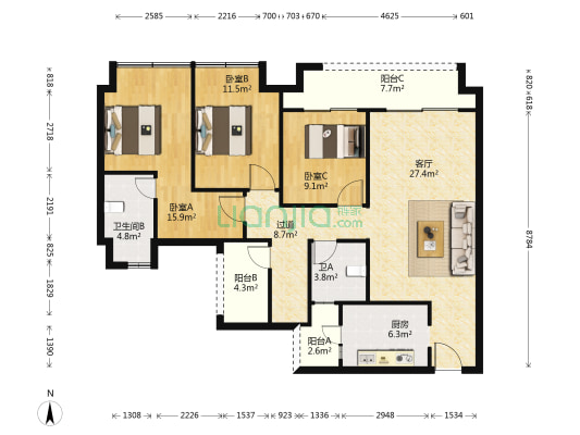 朝中庭 视野好 大四房端户 住家相当舒服-户型图