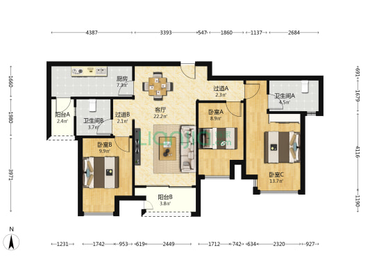龙湖焕城汐林 3室1厅2卫 99平方