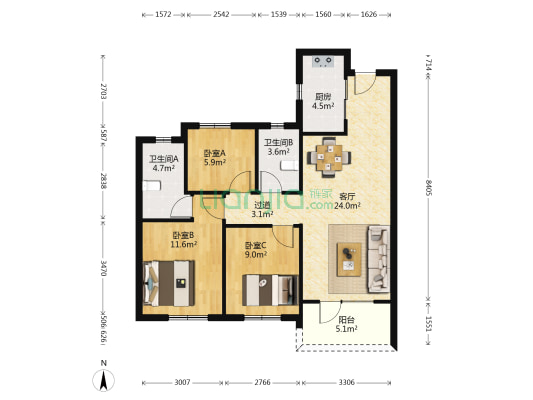 景瑞天赋滨江 3室1厅2卫 95平方