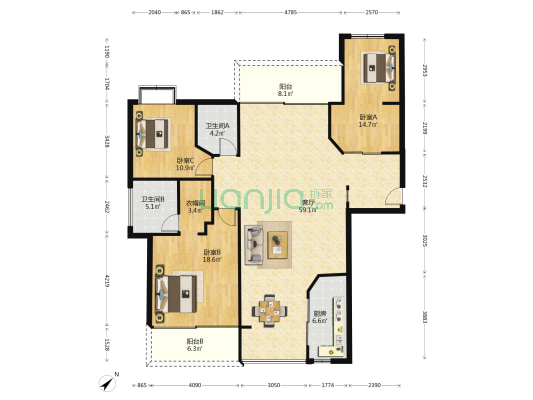阳光熙园 3室1厅2卫 167平方