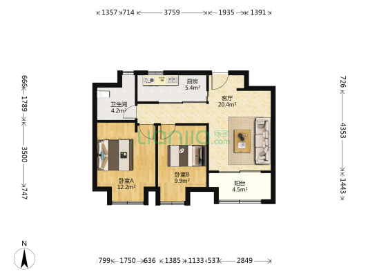 首创禧悦(一期) 2室1厅1卫 75平方