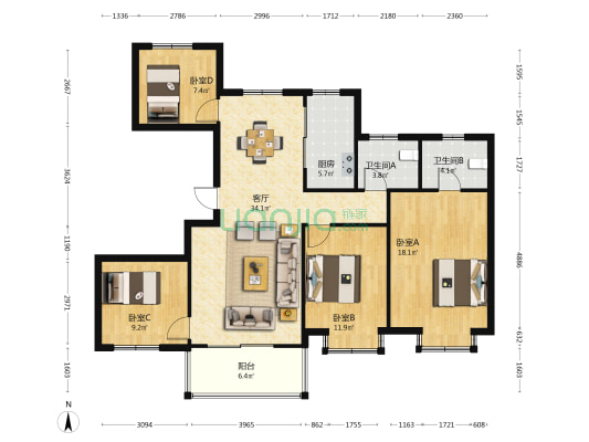 中梁国宾熙岸 4室1厅2卫 135平方