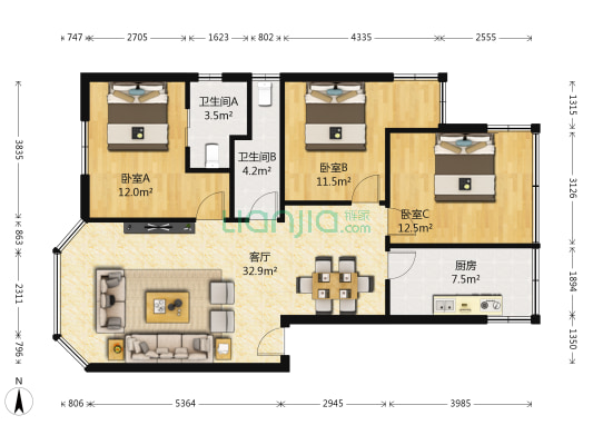 贵开花园 3室1厅2卫 105平方