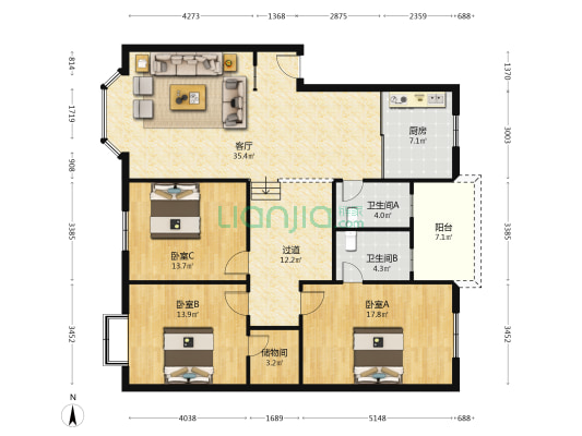 欧康花苑 3室1厅2卫 143平方