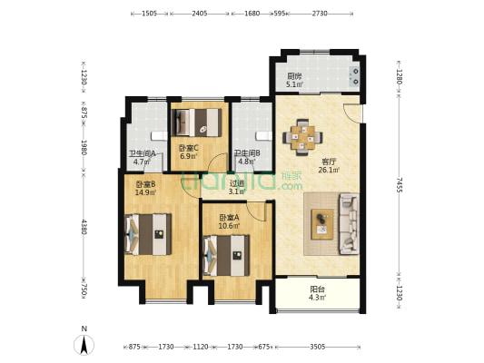 荣熙华庭 3室1厅2卫 117平方