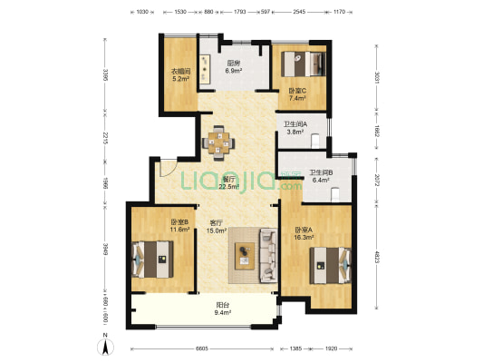 翰林园北区 3室2厅2卫 126平方