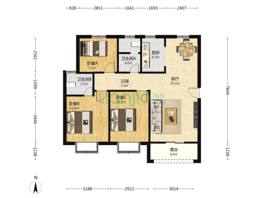 七号御景 3室1厅2卫 108平方