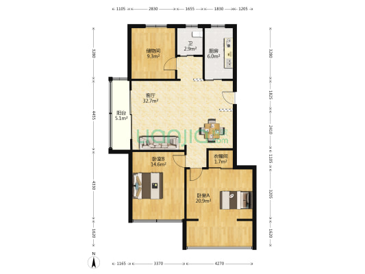 国泰花园 2室1厅1卫 128平方