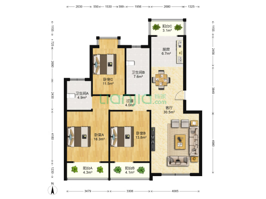 御龍山水 3室1厅2卫 126平方