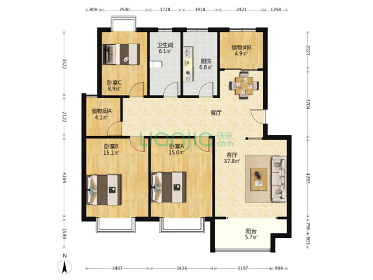 阳光水岸花园 3室1厅1卫 124平方